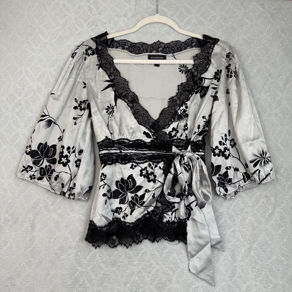 Vtg Y2K Bebe Silk Wrap Top Small Silver Lace Babydoll Fairy Whimsigoth Feminine